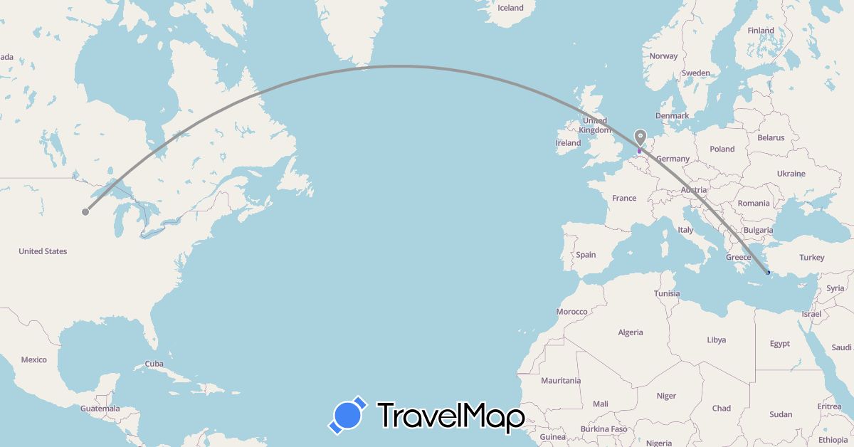 TravelMap itinerary: driving, plane, train, boat in Greece, Netherlands, United States (Europe, North America)